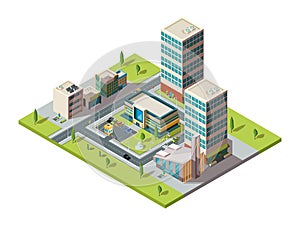 City mall. Urban isometric landscape with big modern building of retail hypermarket shopping center vector 3d map