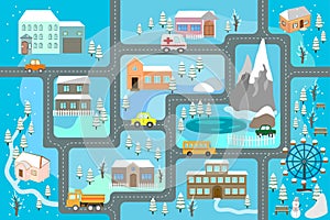 City map for children. Snowy city landscape, car track - play mat.