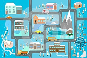 City map for children. Snowy city landscape, car track - play mat. photo