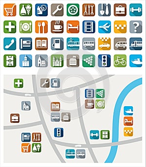 City map, color icons, service, urban services.