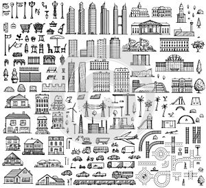 City map elements illustration, drawing, engraving, ink, line art, vector