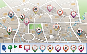 City map with GPS icons