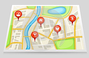 A city map with important location in red marker (