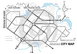 City map. Line scheme of roads. Town streets on the plan. Urban environment, architectural background.