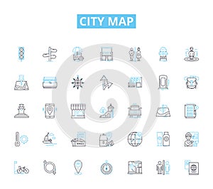 City map linear icons set. Navigation, Tourist, Streets, Districts, Landmarks, Transit, Tour line vector and concept