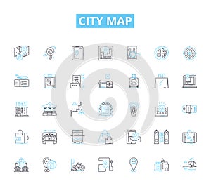 City map linear icons set. Navigation, Tourist, Streets, Districts, Landmarks, Transit, Tour line vector and concept
