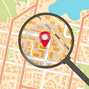 City map with magnifier and pinpoint.