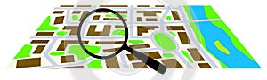 City map with a magnifying glass. Vector illustration.