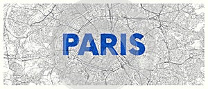 City map Paris, detailed road plan widescreen vector poster