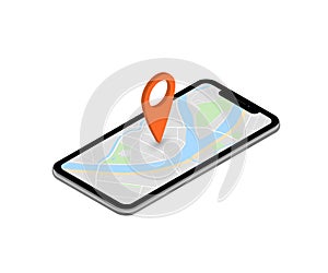 City map route navigation smartphone, phone point marker vector drawing schema isometric city plan GPS navigation tablet