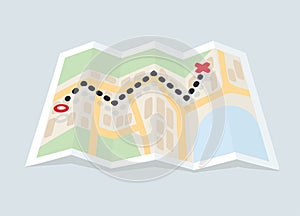 City map with route, starting point and destination