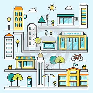 City Map with Streets, Buildings and Places Vector Outline Colored Illustration