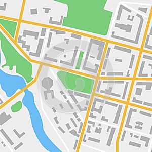 City map with streets, roads, parks and river. Gps and navigation concept. Town plan. Vector illustration