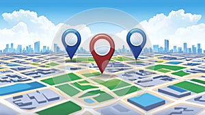 Location Pointers on a City Map, Navigation and Discovery Concept