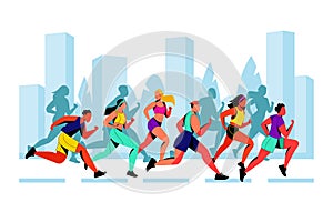 City marathon vector flat illustration. Running colorful people against city background. Outdoor sport concept