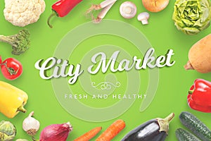City Market freash and healthy vegetables on green background photo