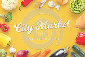 City Market grocery store text surrounded with organic fresh vegetables on yellow table