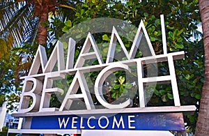 City of Miami Beach Florida welcome sign with palm trees