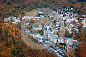 city in the middle of an autumn forest, a famous spa town of Karlovy Vary