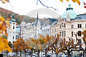 city in the middle of an autumn forest, a famous spa town of Karlovy Vary