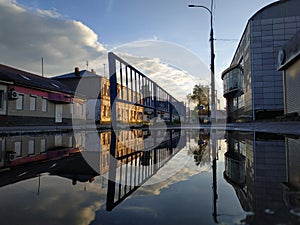 City in the morning, looking into a street