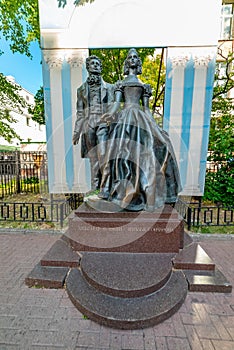 View of the Monument to Alexander Pushkin and Natalia Goncharova, arbat street, photo