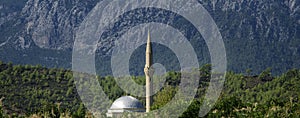 City mosque landscape in Kirish, Kemer, Turkey.