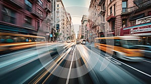 city in motion, as a blur of business people cross the roads in a panoramic view, Generative AI