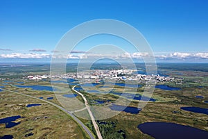 The city of Nadym tundra in the summer among the swamps of North Siberia in Russia