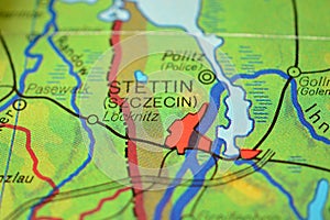 The city name STETTIN Szczecin , Poland, on the map