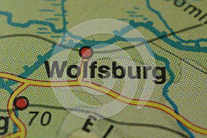 The city name WOLFSBURG on the map