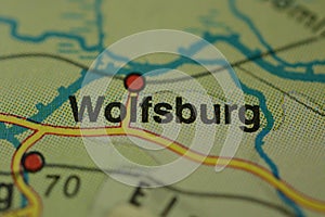 The city name WOLFSBURG on the map