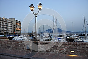 City of Naples, leisure marina and Vesuvius at dusk