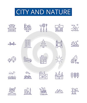 City and nature line icons signs set. Design collection of urban, rural, landscape, backdrop, locale, skyline photo