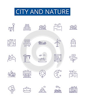 City and nature line icons signs set. Design collection of urban, rural, landscape, backdrop, locale, skyline photo