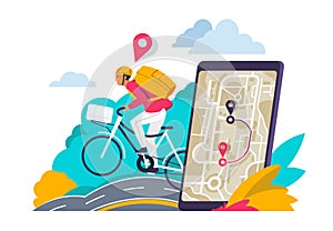 City navigation concept. Cartoon travelers looking for route in city map on smartphone or laptop. Vector GPS navigation