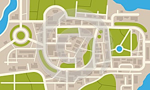 City navigation map. Flat plan of streets parks and river with top view, simple cartoon city map. Vector downtown