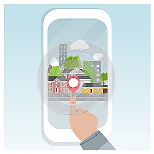 City navigation web banner. Panoramic flat city on mobile phone with pin and map.