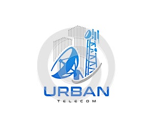 City network technology, wireless internet logo design. Telecommunication transmitter tower, satellite antenna vector design
