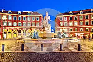 City of Nice Place Massena square and Fountain du Soleil evening view