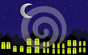 City at night. Bright moon and stars in the sky. Illustration.