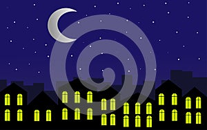 City at night. Bright moon and stars in the sky. Illustration.