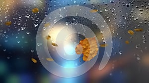 City night light ,blurred blue yellow background with rain drops and Autumn leaves  rainy season  template banner
