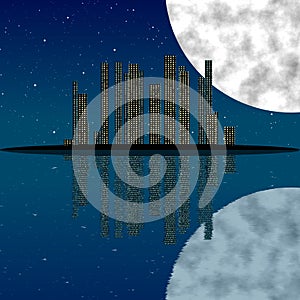 City at night, with moon, stars and reflection in water