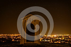 City night in Nitra from the view point on top of Hill mountain Slovak city Nitra with bright night sky and crosses. City cente