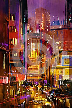 City night scene with colorful lights