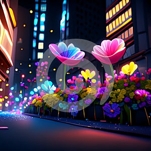 City night street with flowers and lights. 3d rendering illustration. Generative AI