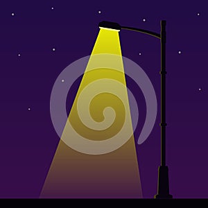 City night street light with light from streetlight lamp. Outdoor Lamp post in flat style. Spotlight Vector illustration