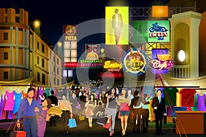 City nightlife of busy street