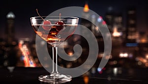 City nightlife cocktails, wine, and whiskey illuminate the urban skyline generated by AI
